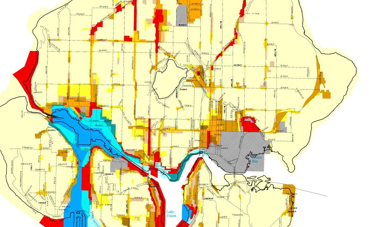 this is seattle's prev. iteration of zoning map. that light yellow? used to be single family. it is still single family - but you can build 2 ADUs per lot now. but in effect it is the same thing.