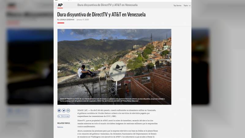 ConElMazoDando's tweet photo. Agencia derechista AP advirtió que EEUU utilizaría a Directv para presionar a Venezuela (+detalles) https://t.co/w9h8bR7doH  #ConChávezNoHanPodidoNiPodrán https://t.co/aX4S5rMwn6