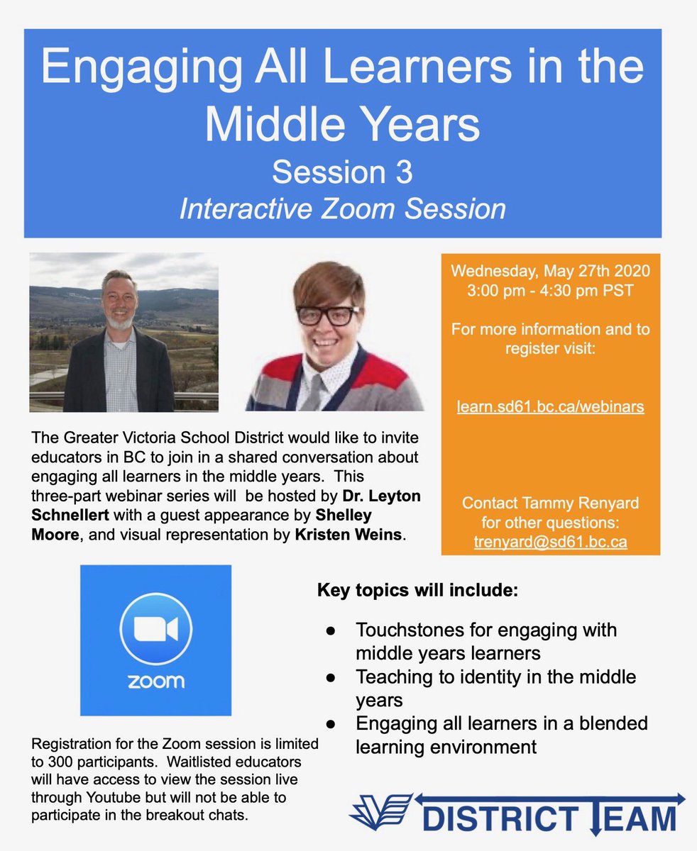TammyRenyard's tweet photo. As promised... session 3 - Engaging All Learners in the Middle Yesrs w/ @LeytonSchnell @tweetsomemoore @kwiens62 - registration link on the poster. Limited capacity in the zoom.  Looking forward to learning with you! #engagingMYlearners #BetterTogether https://t.co/Wq5AEgEO26