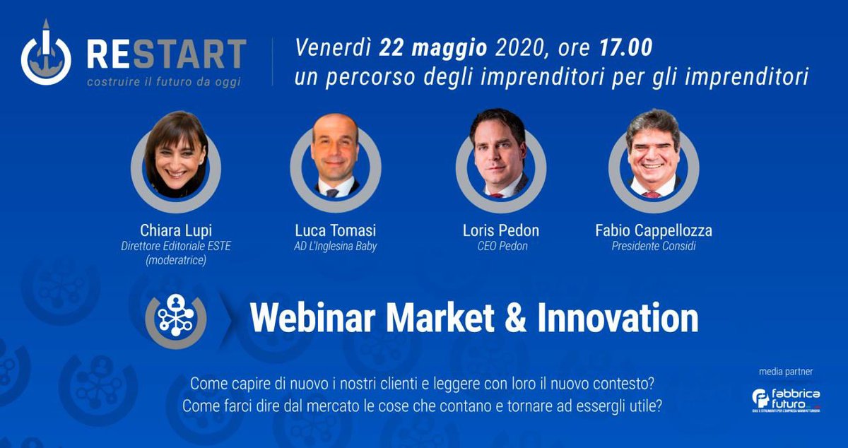 #Webinar #Market &amp; #Innovation
Venerdì 22 maggio alle 17.00

Registrati subito>>> bit.ly/2ZkfZ28

#Restart <a href="/CONSIDIofficial/">CONSIDI S.p.A. (Società Benefit)</a>