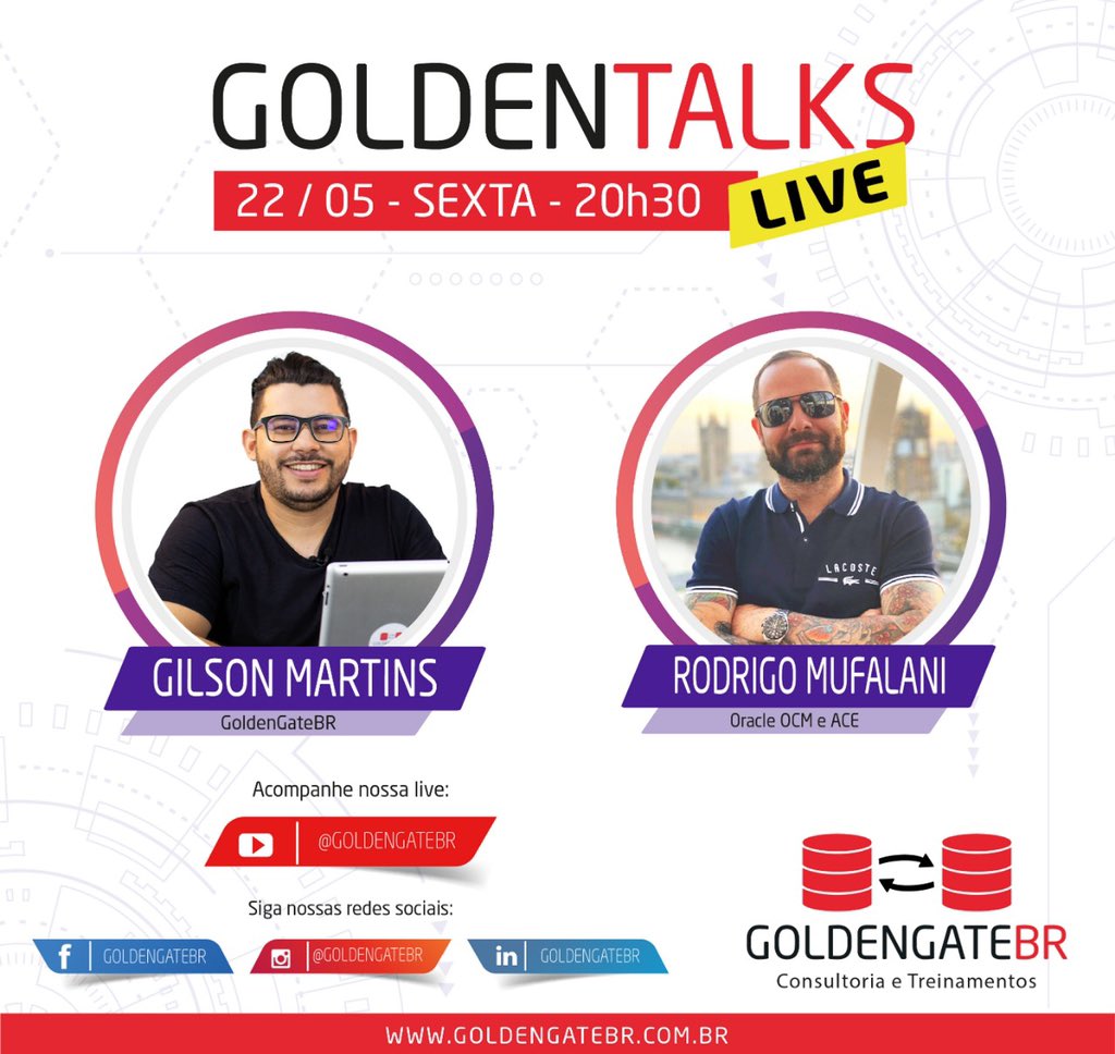 Nesta sexta-feira dia 22/05 às 20:30, teremos o primeiro OCM (Oracle Certified Master) a ser entrevistado no GoldenTalks-LIVE.

Senhoras e Senhores, se preparem para assistir <a href="/Mufalani/">𝕸𝖚𝖋𝖆𝖑𝖆𝖓𝖎 🅾🅲🅼</a> 

Não perca, fique ligado e não esqueça de se inscrever no canal. <a href="/goldengatebr1/">goldengatebr</a>
