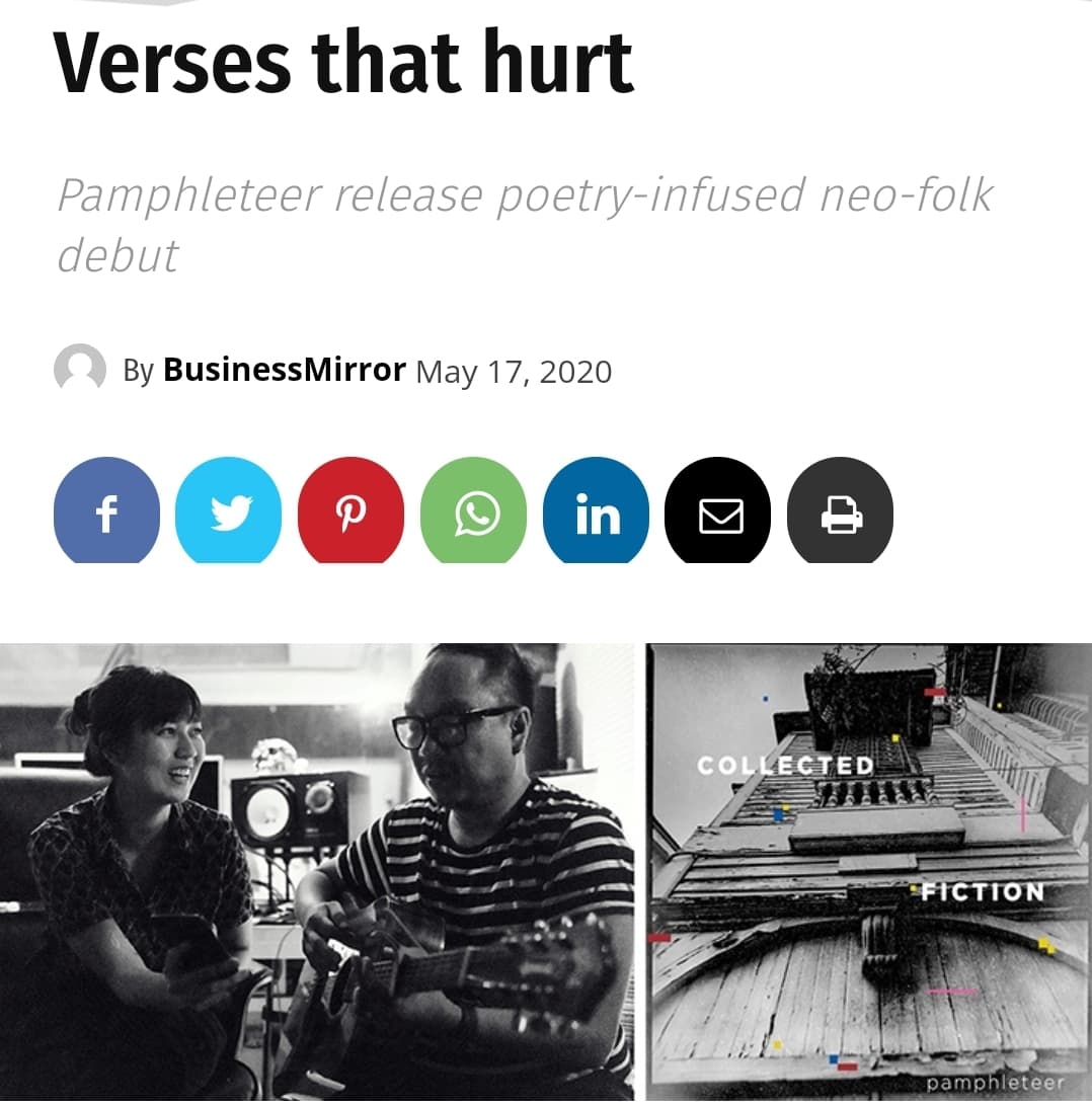 PamphleteerPH's tweet image. “There can’t be a more interesting time to hear the kind of music that Pamphleteer has made to cheer on memory, fiction, and ache. […] It’s intimate and resonant. The verses hurt just right,” @karlrdemesa writes about “Collected Fiction”: tinyurl.com/ybrc9jtl.