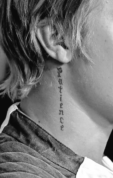 Patience tattoo on Justin Biebers neck and a date in roman numerals  inked on his right should  Justin bieber tattoos Love justin bieber I  love justin bieber