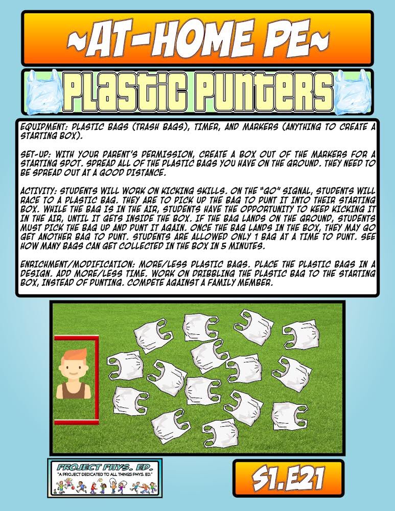 Good morning <a href="/PorterElemSCSD/">Porter Elementary</a> <a href="/SCSDPhysEd/">SCSD Physical Education Department</a> <a href="/SyracuseSchools/">Syracuse City School</a> 

Grab plastic bags, put them on the floor. Go to 1 bag pick it up, drop and kick it back to start. Keep kicking it while its in the air. When back at start, go to another bag and repeat. Thanks <a href="/projectphysed/">Drew Burris</a> for the idea