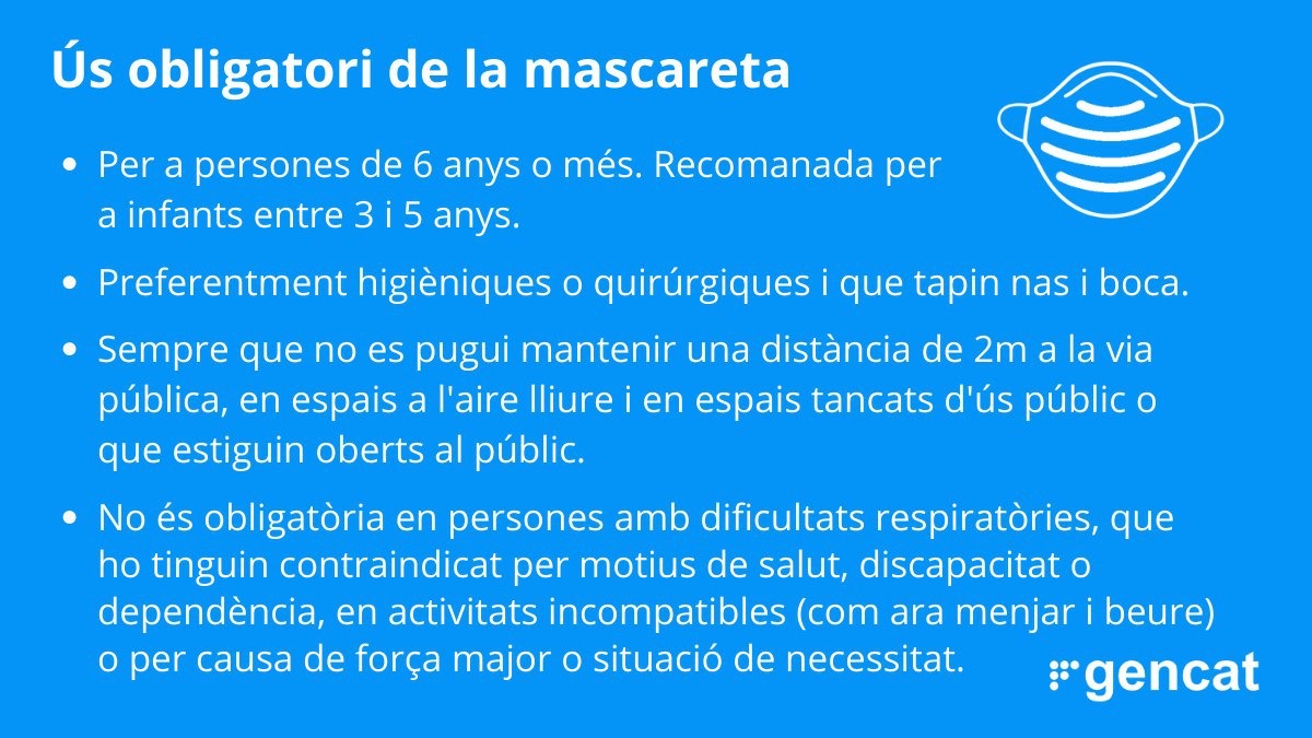 🔴Gent de #premiàdedalt: A partir de dijous 21 de maig és obligatori l'ús de😷 per a persones de 6 anys o més i recomanada per a infants entre 3 i 5 anys. S'ha de dur sempre que no es pugui mantenir una distància física de 2 metres  #covid19