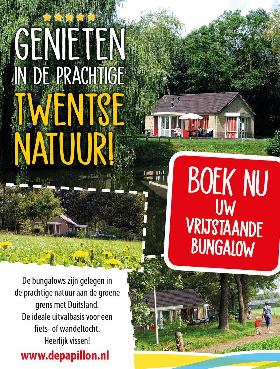 Genieten in de Twentse natuur! Onze vrijstaande bungalows zijn gelegen in de prachtige natuur aan de groene Duitse grens. Vanaf hier is het fantastisch om een leuke wandeltocht of fietstocht te maken. Viswater voor de deur! Rust, ruimte en natuur. depapillon.nl