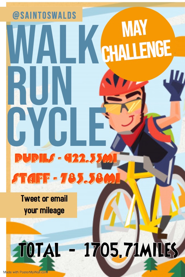 saintoswalds's tweet photo. The latest miles are in. The staff were on form yesterday with an impressive 45 miles on the clock. #wevegotthis #comebackweek #StaffVPupils #MayChallenge https://t.co/EUyACR4lyQ