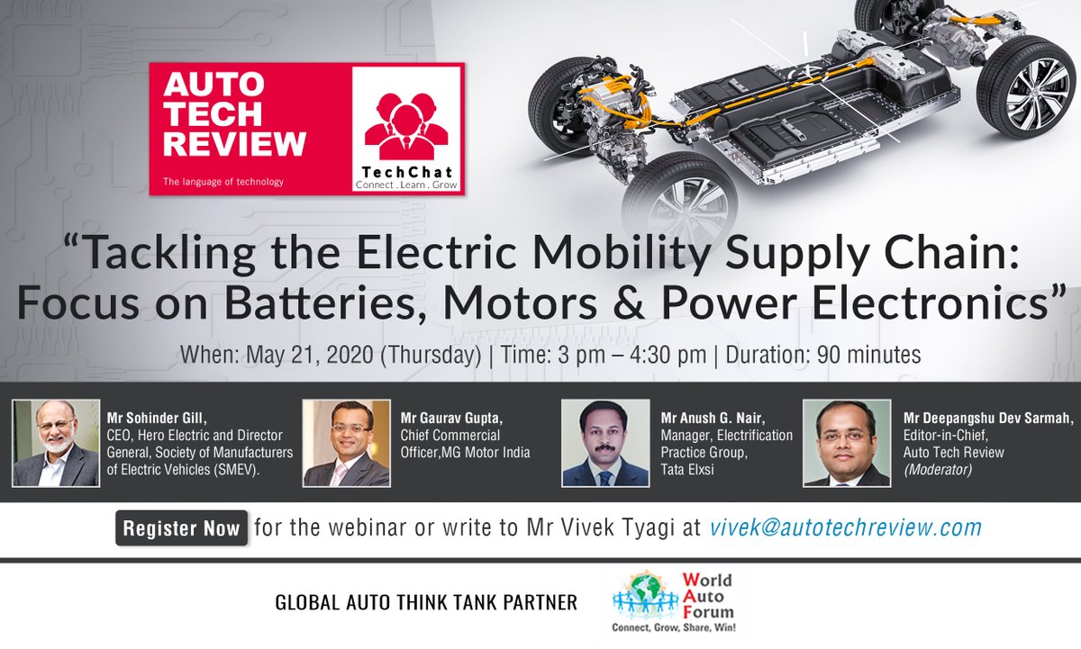 As part of the @AutoTechReview1 'Tech Chat' series, join me for a discussion on the #electricmobility supply chain with focus on batteries, motors & electronics at 3 pm tomorrow. Panellists: Sohinder Gill, Gaurav Gupta & Anush Nair. 

Registration link: bit.ly/2XhpT23