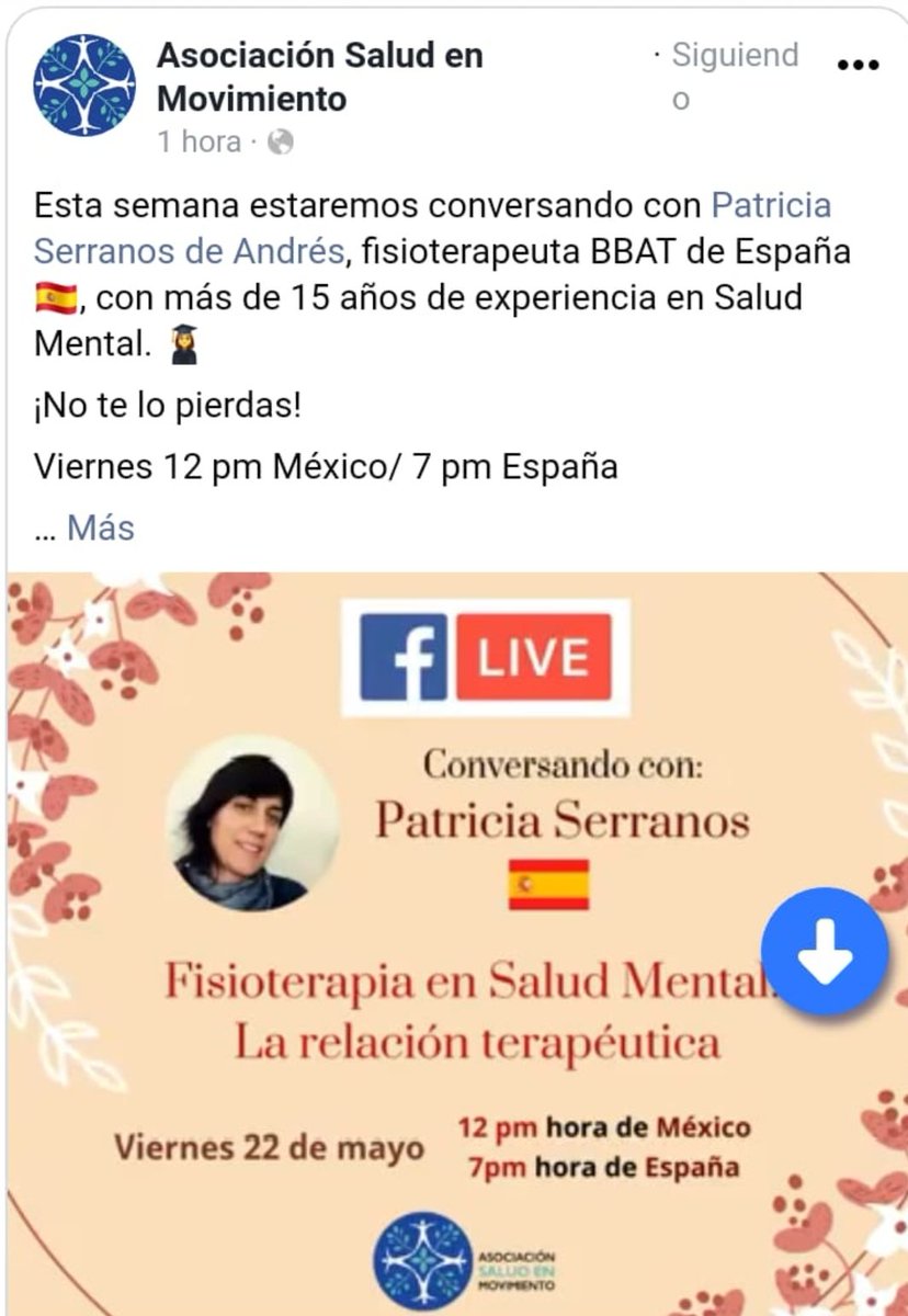 AEFSM_info's tweet photo. 📣📣📣 Te invitamos a conocer las experiencias de @patriserand  fisioterapeuta, socia de @AEFSM_info, experta en Salud Mental con 15 años de experiencia en Hospital de Psiquiatría. En directo, viernes 22 mayo, 7 pm Enlace: https://t.co/VKCD8eZeMh  

#movequality #BBAT #IOPTMH https://t.co/mOiX4qzrS4