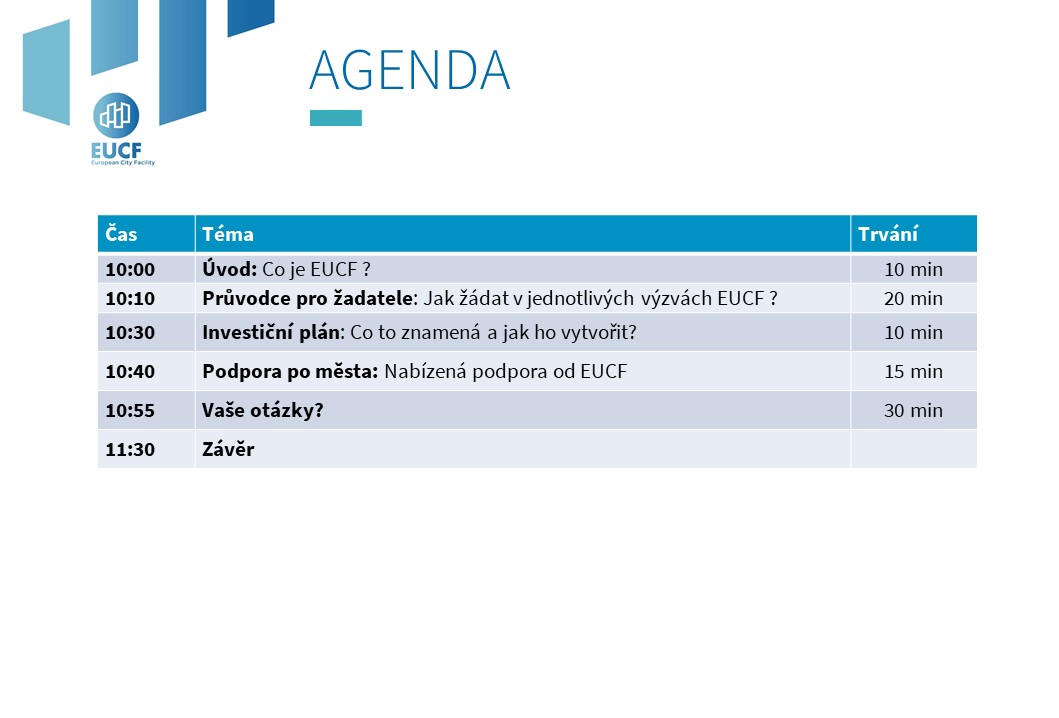 Zveme Vás na webinář k projektu EUCF, který nabízí možnost financování přípravy investičního plánu pro Vaši obec či sdružení obcí.
Více informací se dozvíte dne 25. 5. 2020 od 10:00 hodin. zdravamesta.cz/cz/webinar-nep…