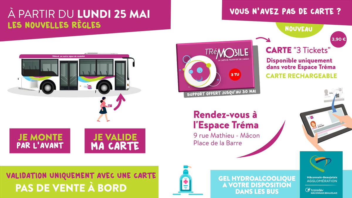 TremaBus's tweet photo. [ 𝗟𝗨𝗡𝗗𝗜 𝟮𝟱 𝗠𝗔𝗜 ] - Fin de la gratuité du réseau

🗓 À partir du lundi 25 mai, des nouvelles règles vont être mises en place sur le réseau Tréma.

ℹ️ Toutes les informations sur https://t.co/8UqY2lj3Xt ou au 03 85 21 98 78 https://t.co/65OGyVgkyv