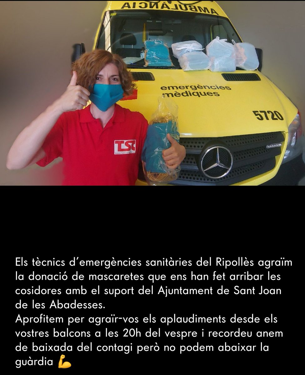 Gràcies al Ajuntament de  <a href="/StJoanAbadesses/">StJoanAbadesses</a> i a les cosidores voluntaries pel vostre suport als tècnics d'emergències sanitàries de la comarca del Ripollès i segur tambe s'en beneficiaran els companys de la <a href="/TecnicsGarrotxa/">TècnicsGarrotxaTSC</a> .