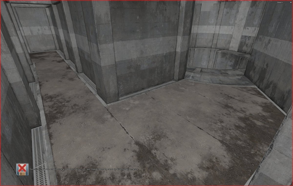 More pure Hammer geo. Someone whipped up these concrete hallways, with their grates and trim and worn edges, in no time at all without an artist being involved. Except texture artists, gosh bless 'em