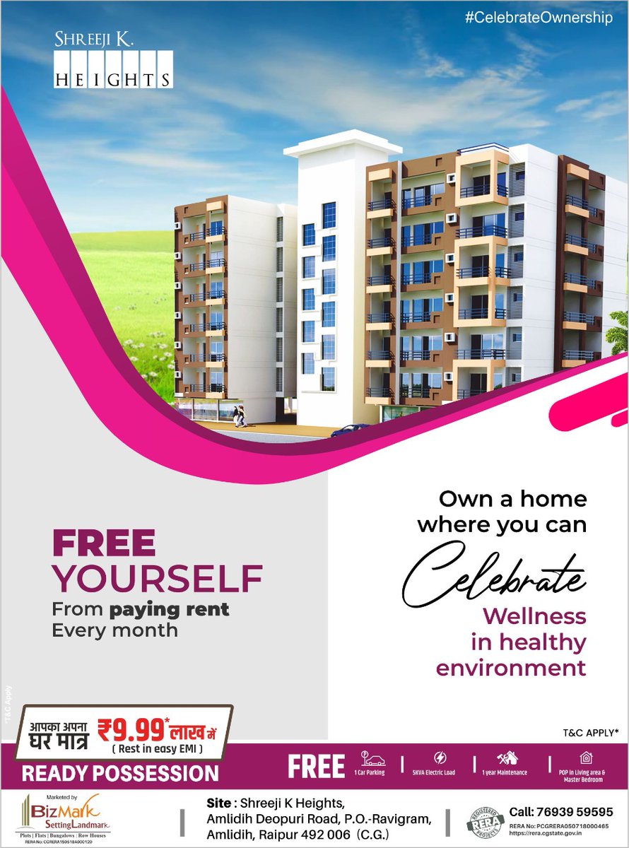 PChopraRpr's tweet photo. "Free yourself from PAYING RENT every month"
Own a home where you can celebrate Wellness in a healthy environment.
Flats ready to possess
Contact: 7693959595
website: https://t.co/GgJSqOX56R
Address: Amlidih, Raipur, Chhattisgarh
#ShreeJiKHeights #Bizmark #CelebrateOwnership https://t.co/e4uI4XS9Xi