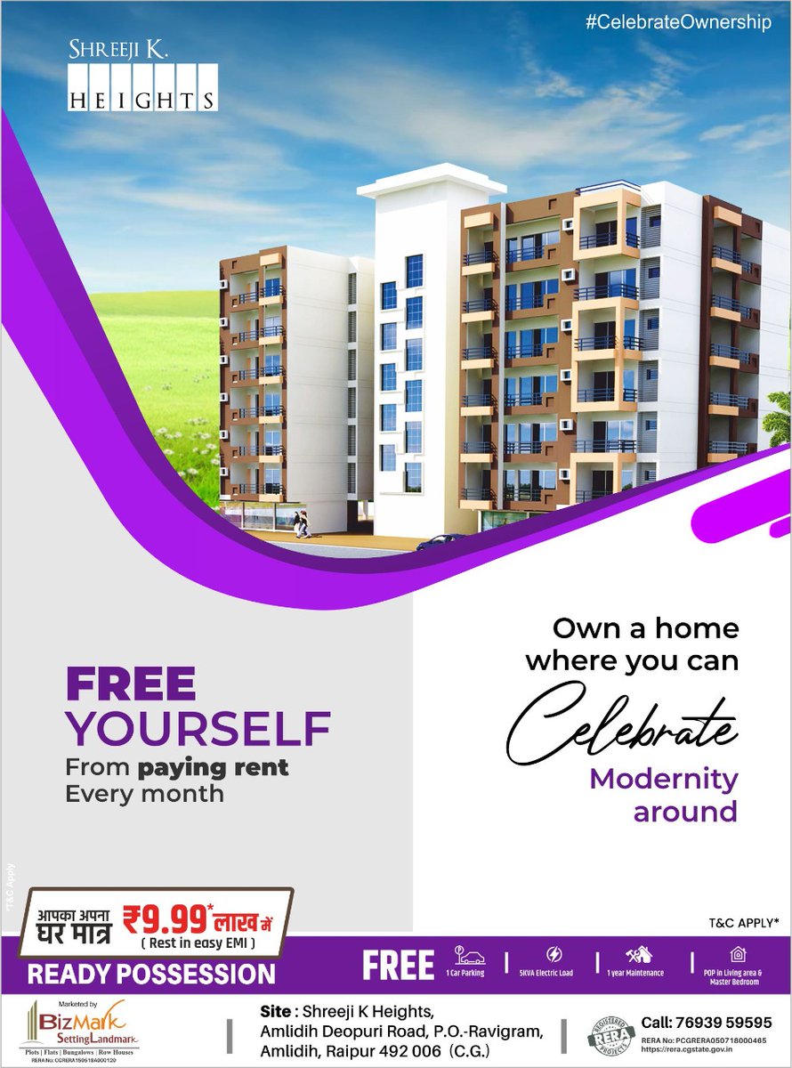 PChopraRpr's tweet photo. "Free yourself from PAYING RENT every month"
Own a home where you can celebrate Modernity around.
Flats ready to possess
Contact: 7693959595
website: https://t.co/GgJSqOX56R
Address: Amlidih, Raipur, Chhattisgarh
#ShreeJiKHeights #Bizmark #CelebrateOwnership https://t.co/Xe6IsMHERU