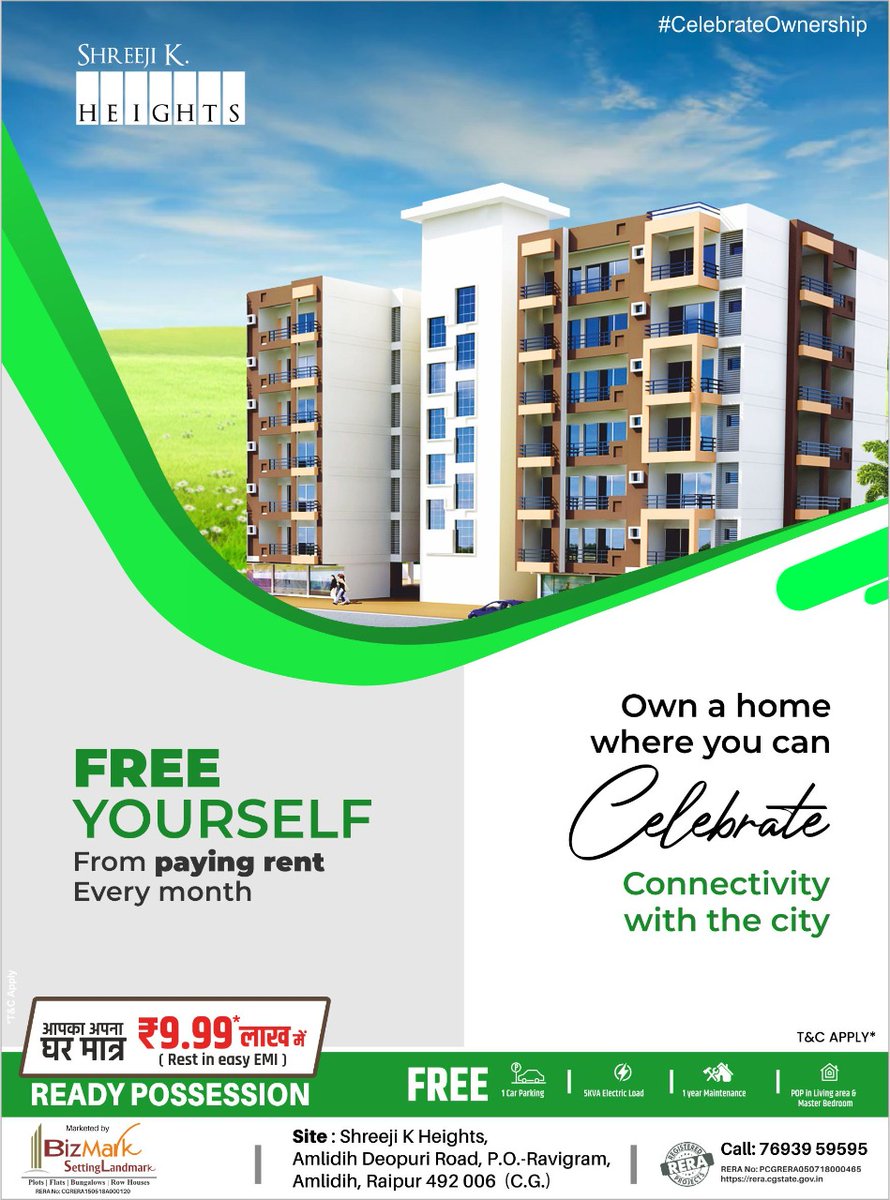 PChopraRpr's tweet photo. "Free yourself from PAYING RENT every month"
Own a home where you can celebrate Connectivity with the city.
Flats ready to possess
Contact: 7693959595
website: https://t.co/GgJSqOX56R
Address: Amlidih, Raipur, Chhattisgarh
#ShreeJiKHeights #Bizmark #CelebrateOwnership https://t.co/aivXW2Jnyi