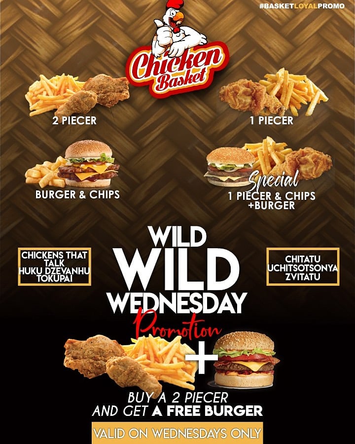 ChickenBasketZw's tweet photo. Its not a good week until #WildWildWednesday Promotion is on!! It cant get any better than this - For buying a 2 piecer you get a #FREEBURGER!! ALL FOR $2.50 ONLY! #NOWTHATSCHICKEN
#2020EVERYDAYCHICKENPEOPLE
nyama dzepakati ....pevhiki tokupai!! https://t.co/90GuJL2EXy