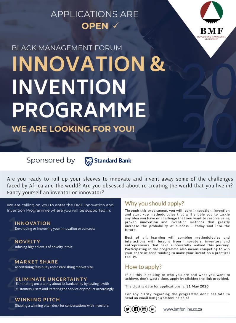 Are you an inventor or innovator? Would you like to sharpen your ideas and learn how to make them a reality? Applications are open for the 2020 BMF Innovation and Invention Programme! Head on to membership.bmfonline.co.za/page/BMFIIP to apply.