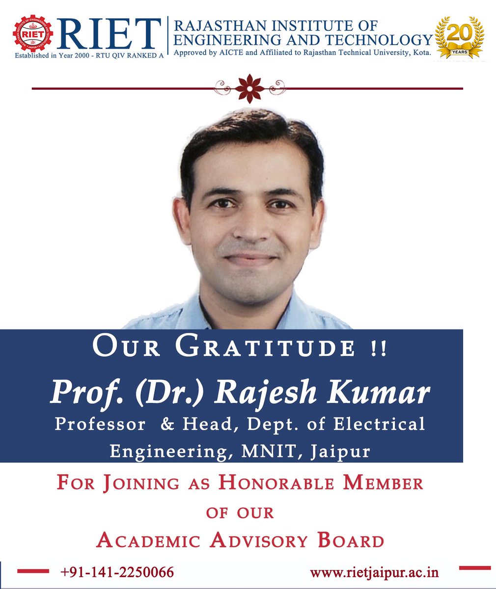 RIET_JAIPUR's tweet photo. It's a privilege for us to have Prof. (Dr.) Rajesh Kumar as Honorable Member of our Academic Advisory Board. He is serving as Professor &amp; HoD, Department of Electrical Engineering, Malaviya National Institute of Technology, Jaipur. 
#rietjaipur #welcome #welcometotheteam https://t.co/tnCBHL7O89