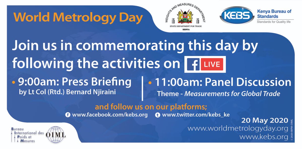 KEBS_ke's tweet photo. Join us live on Facebook from 9:30am as we Celebrate World Metrology Day.
#MetrologyMonth #KEBSMetrology #WorldMetrologyDayKE https://t.co/x5nUeb9BEA
