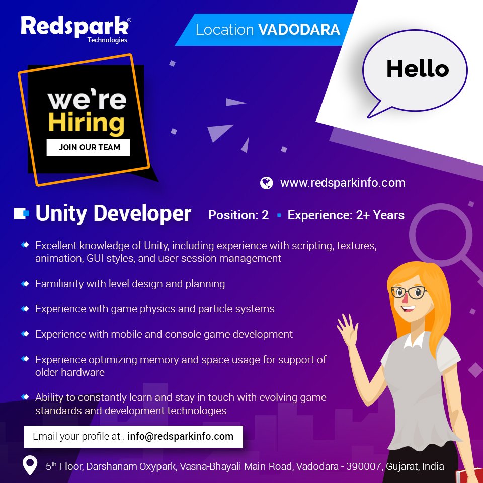 redsparkinfo's tweet photo. We are HIRING Unity Developer..!!
👉Interested candidates can forward your CV to info@redsparkinfo.com
#ITJobs #ITJobsVadodara #Redspark #Technologies #BestPlaceWork #Vadodara #gameing #WorkwithRedspark #Vadodarajob #unitydeveloper https://t.co/CYMXt4AHiV