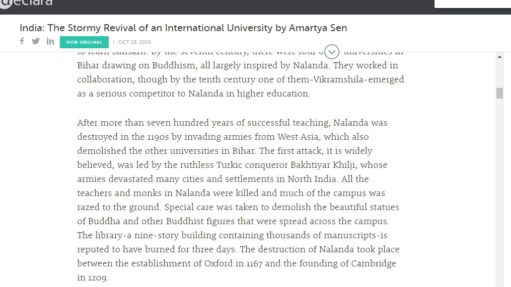 21/n Even Left-Leaning  #AmartyaSen agrees that Bakhtiyar Khilji destroyed the Nalanda University in the 1190s. Special care was taken to demolish the beautiful statues of Buddha spread across the campus. The 9-story Library burnt for 3 days. Read https://declara.com/content/D5Oj4Jgr