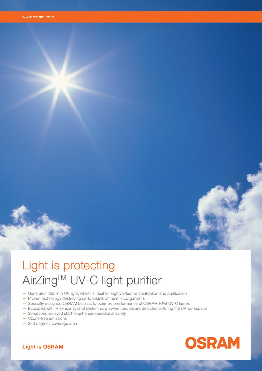Total1Solution's tweet photo. Osram AirZing UV-C Light Purifier. A key tool to fight the spread of Covid-19 infection.
https://t.co/b57Lnw3KjX

Available for pre-order. Demo units are available. For more information, please contact us. https://t.co/5KUvRXzBSn