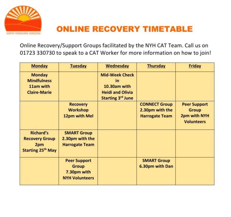 NYHorizons's tweet photo. Did you know the Community Asset Team now have 9 online recovery groups running weekly? Please call 01723 330730 to speak to a CAT worker and find out how you can join! 😊 https://t.co/tAqCG5vXJL