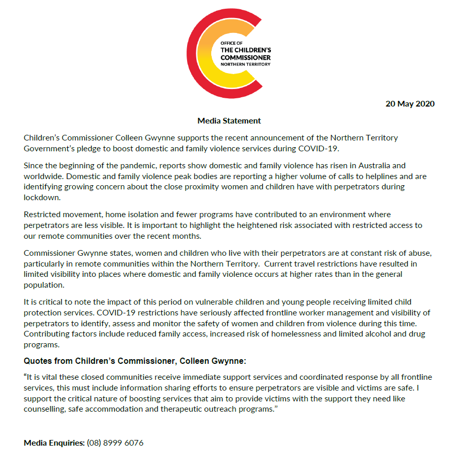 NTChildCommish's tweet photo. Commissioner Gwynne supports the recent announcement of the Northern Territory Government's pledge to boost domestic and family violence services during COVID-19. https://t.co/1jgzdW0KDf