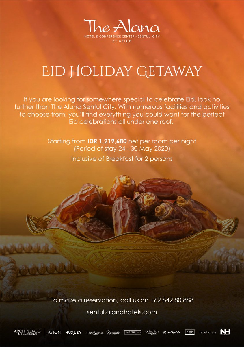 Celebrate Eid Al Fitr at The Alana Hotel Sentul City with the numerous facilities and activities to choose from all under one roof. Starts from IDR 1,219,680net/room/night (inclusive breakfast for two persons). To make a reservation call us on +6221 84280888.