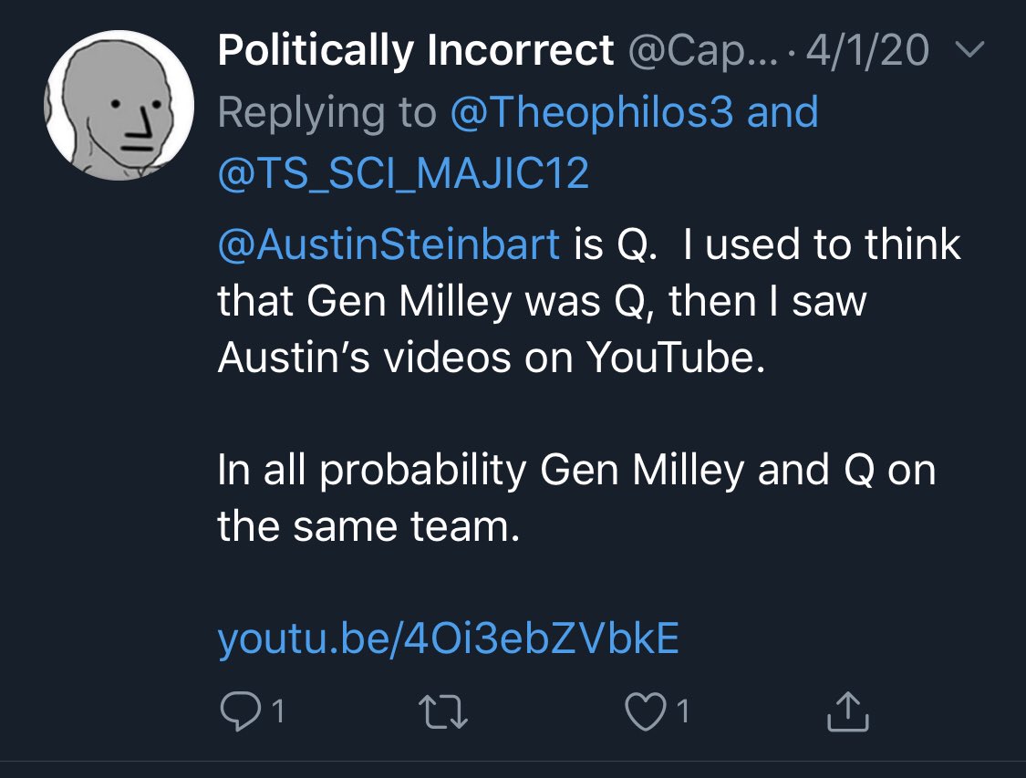This guy also follows Austin Steinbart—the guy who pretends his time-traveling future self is behind QAnon and was arrested last month for extortion. More on Steinbart here:  https://www.thedailybeast.com/baby-qanon-was-just-arrested