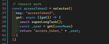 yoh1496's tweet image. Promiseで書くとわかりやすいけど、await書くと気づけなそう #react #recoil #recoiljs