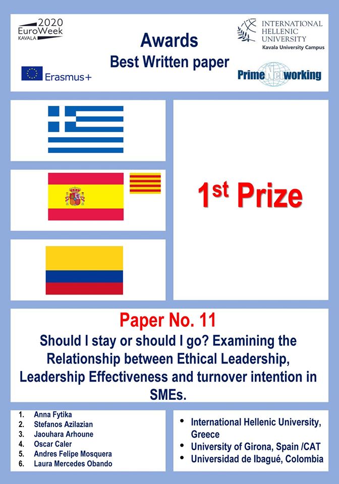 InterUdG's tweet image. 🏆Congratulations Jaouhara Arhoune and Oscar Caler!

1st prize for "Should I stay or should I go? Examining the relationship between ethical leadership, leadership effectiveness and turnover intention in SMEs" together with students from Greece and Colombia 
#primenetworking