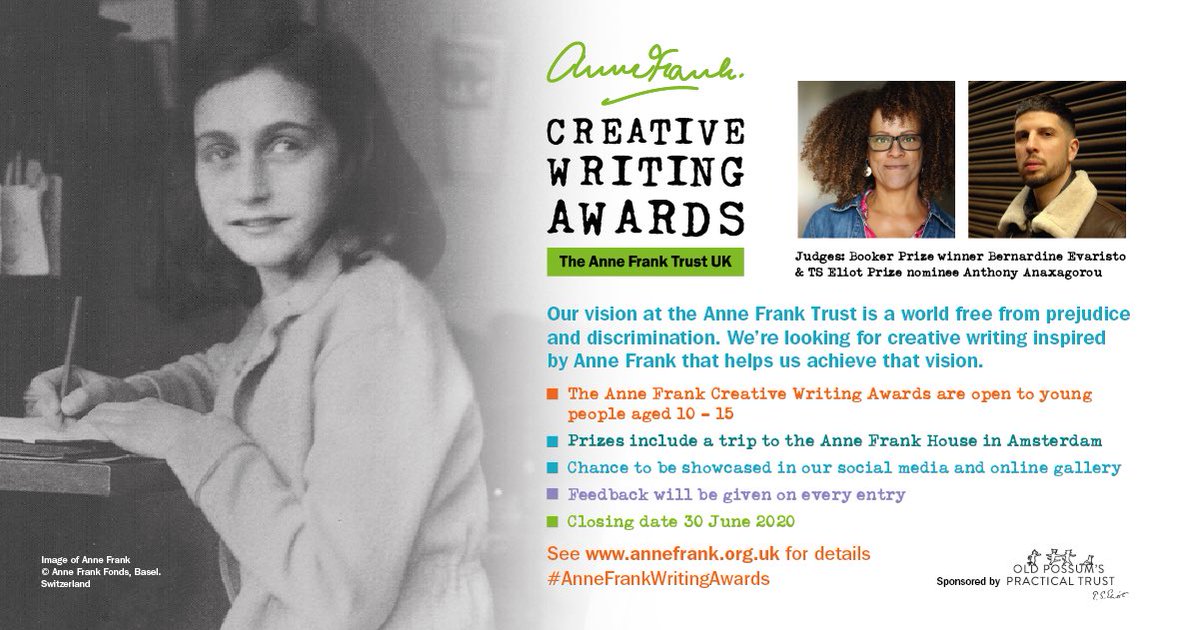 AnneFrankTrust's tweet photo. 📣 ANNOUNCEMENT 📣⠀
⠀
Our first ever #AnneFrankWritingAwards
⠀
For 10-15 yr olds
⠀
Write a poem or story to help create a world free from prejudice! ⠀
⠀
Judges @Anthony1983 &amp; @BernardineEvari 
⠀
Top prize: a trip to @annefrankhouse Amsterdam
⠀
https://t.co/QP72X6ZVkI https://t.co/7hGSLFr0Ii