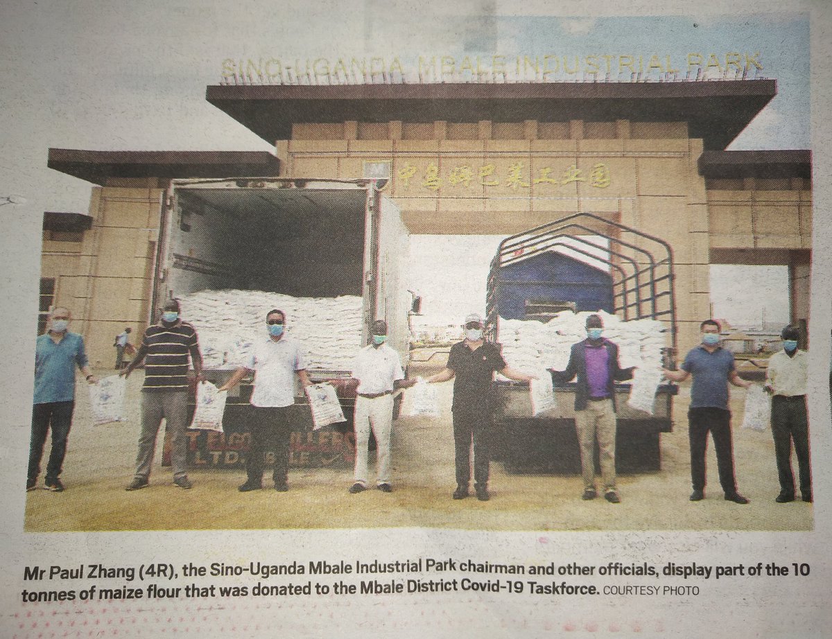 MbaleSino's tweet photo. Mr.Paul Zhang, the Sino-Uganda Mbale Industrial Park chairman and other officials, display part of the 10 tonnes of maize flour that was donated to the Mbale district Covid-19 Taskforce. https://t.co/nZiUtX4odU