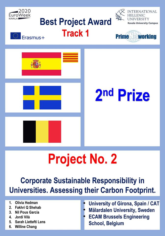 InterUdG's tweet image. 🏆A big congratulations also for Jordi Vilà and Nil Pous for their 2nd prize with the project "Corporate Sustainable Responsibility in Universities, Carbon Footprint" together with students from Belgium and Sweden. #primenetworking #UdGInternacional