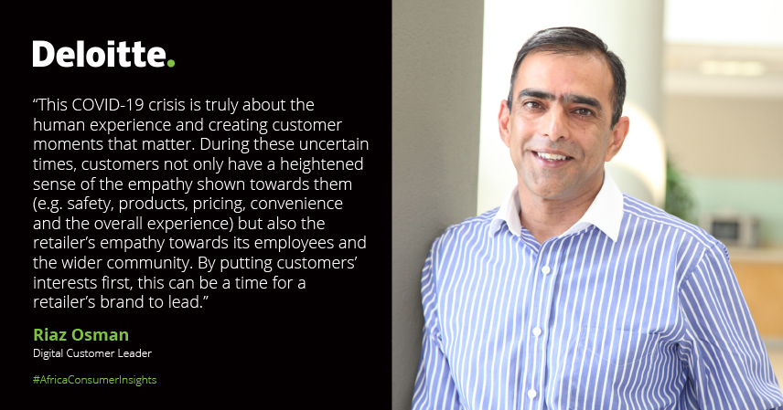 DeloitteSA's tweet photo. Redefining customer and human experiences and connecting with customers and employees is important for retailers in mitigating the impact of #COVID19 on business. Read more in our latest report: https://t.co/YgysuIXifs #AfricaConsumerInsights https://t.co/VA3bW2l0fj