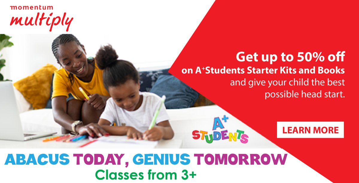 aplusstudents1's tweet image. Are you a Momentum Multiply member?
Get a 50% discount on new enrollments (starter kit and books)
T&apos;s and C&apos;s apply.

#aplusstudents #math #abacus #momentummultiply #kidslearning
