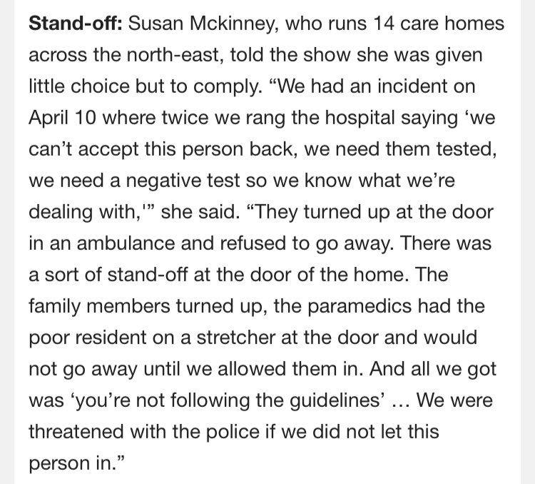 PickardJE's tweet image. chilling reporting from BBC Radio 4 “File on 4” programme in which care home managers told how they were pressured to accept potentially infected patients from hospitals to help free up beds - via @Jack_Blanchard_ morning email