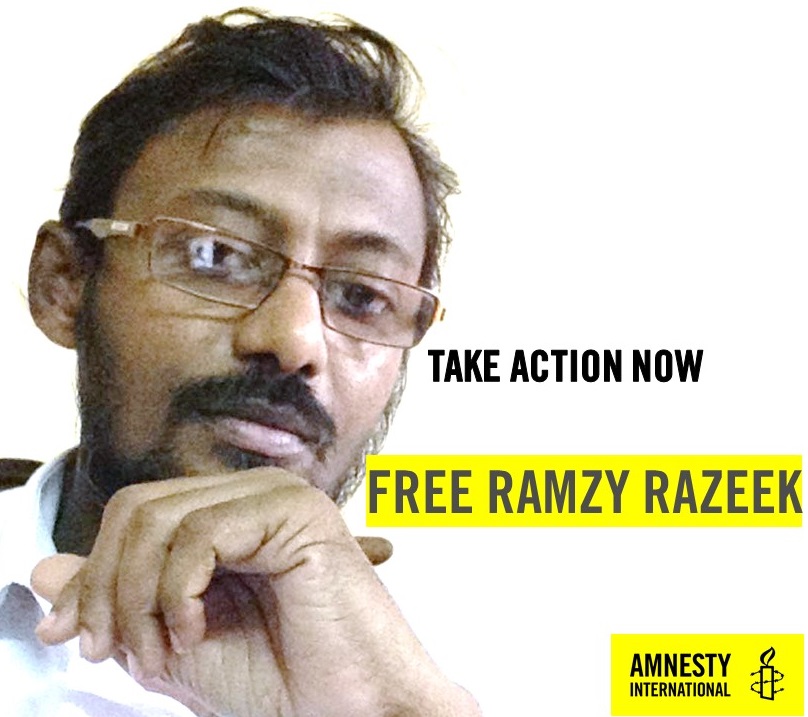 amnestysasia's tweet photo. #SriLanka: Ramzy Razeek, an advocate for inter-faith harmony and against racism has been detained over a month without access to family, lawyer &amp; proper healthcare.

👇Take Action NOW to demand his immediate &amp; unconditional release. #lka #FreeRamzyRazeek

https://t.co/Vmx1vejAqG https://t.co/qdAeYwn5if