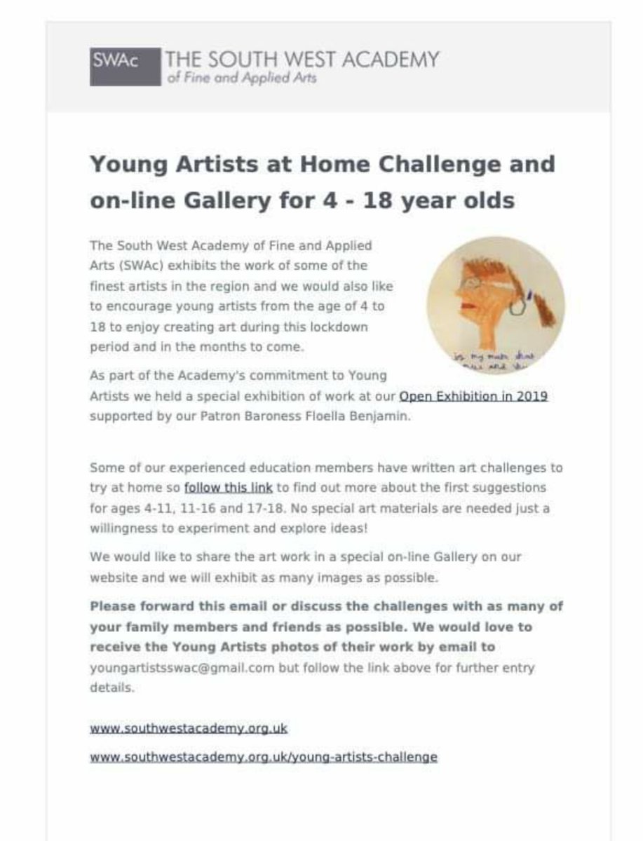 A wonderful art initiative for children during these final days, we hope, of lockdown. See attached for full details.