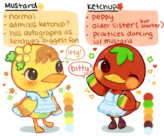 ariamisu's tweet photo. i wish there were more established relations between villagers so i made ketchup's little sister, mustard! 💛
if anyone has more ideas... comment &amp; i'll see what i can do 🥺🥺 #animalcrossing https://t.co/yhb1jmR1sk