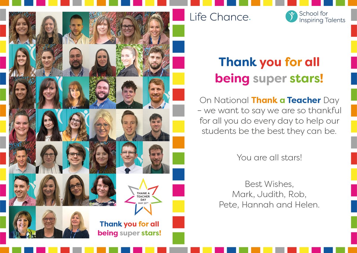 LifeChance_UK's tweet photo. Thank you to all our Teachers &amp; LSA’s at School for Inspiring Talents #SfIT, for all the care and support you give to our students every day. You’re all stars 🌟 🌟 
#ThankATeacher #HowWillYouSayThankYou #LifeChance https://t.co/BW2lEqnLu1