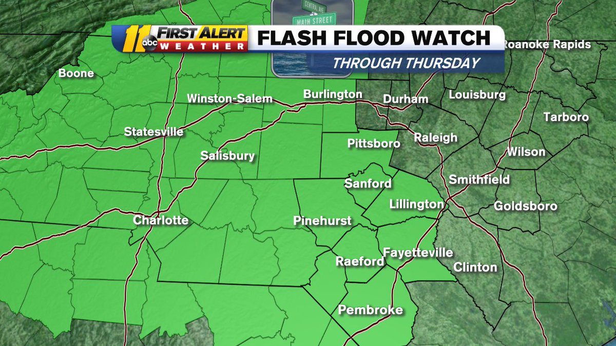 Flash #Flood Watch remains in effect through Thursday night for the south &amp; western parts of our area. Remember, a WATCH means we are watching the situation and flooding is possible. A WARNING means flooding is happening and you need to take action! #ncwx