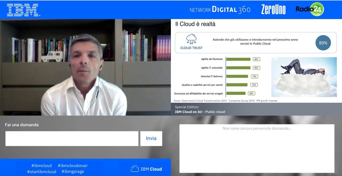 simonazagaria's tweet image. per l&apos;89% delle aziende italiane il #Cloud è realtà e sarà determinante per il futuro @StefanoMainetti
 @Osserv_Digital #StartIBMCloud #IBMCloudOnAir #IBMCloud #IBMGarage @IBMItali