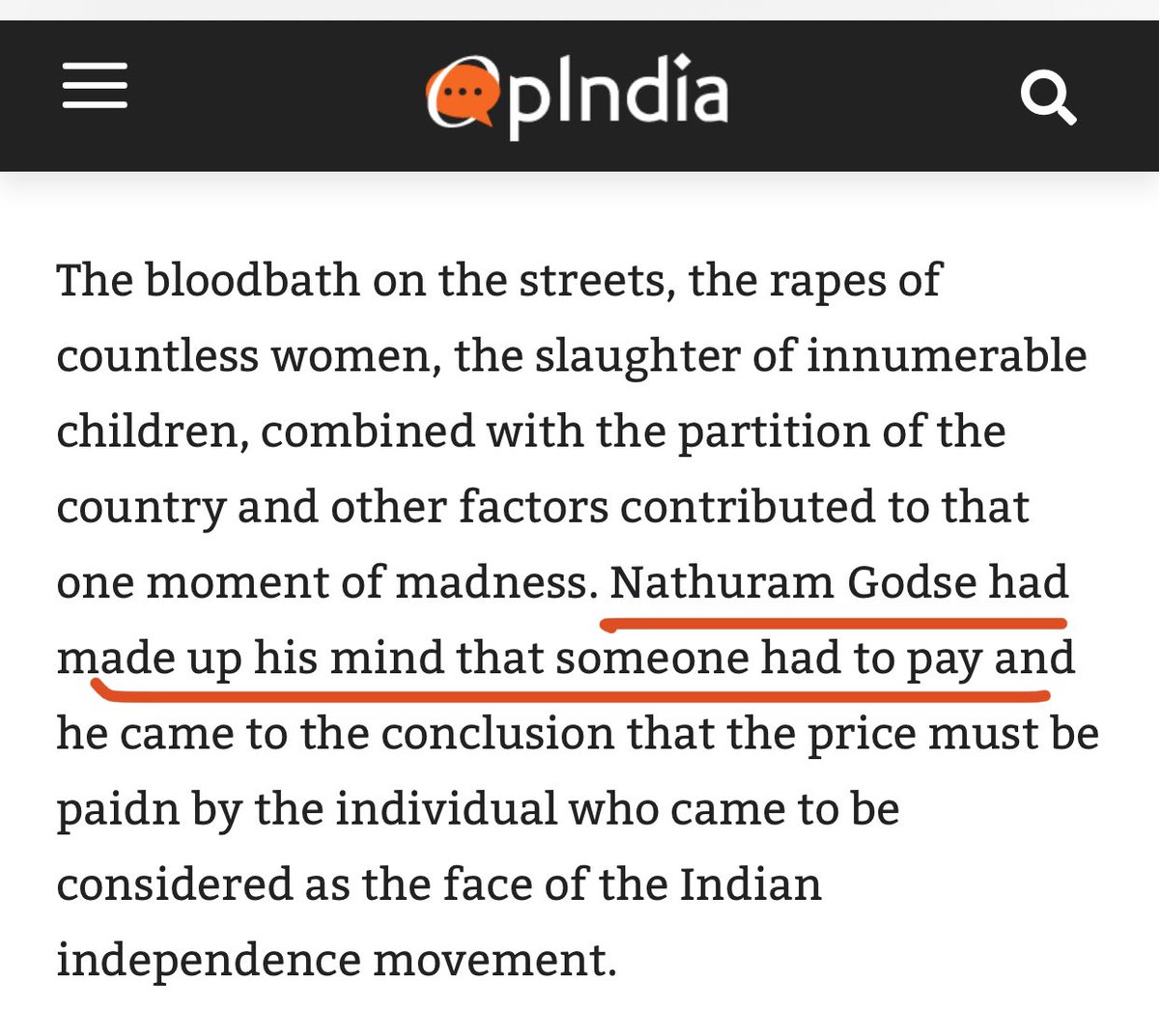 Replace ‘Nathuram Godse’ with ‘Osama Bin Laden’ and ‘Hindu’ with ‘Muslim’

Then read these pics below 

Now you will understand the dangerous justifications that OpIndia uses to glorify murderers and terrorists
👇