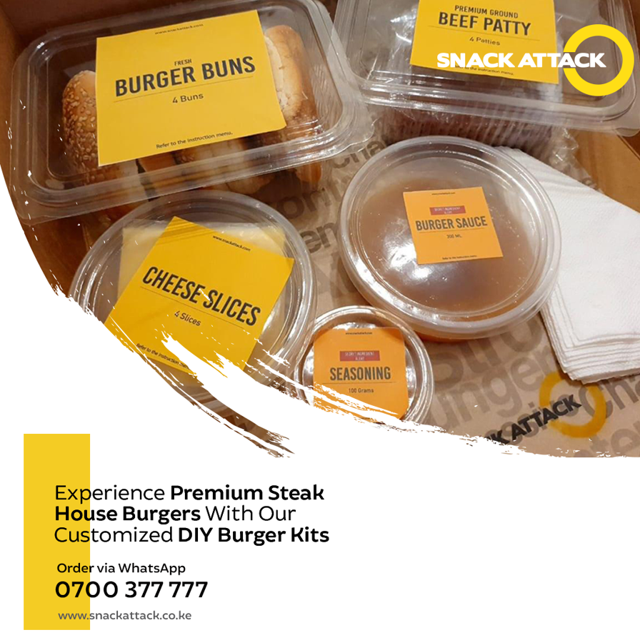 SnackAttackKe's tweet image. Relish our burgers with every crunch from every bite. A perfect fusion of flavors. Customize your own burgers with DIY Kit.
Order via WhatsApp on 0700 377777.
#snackattack #loadedchips #kenya #chicken #burgers #chips #fries #nairobi #sarit #delivery #food #hotdogs #potato