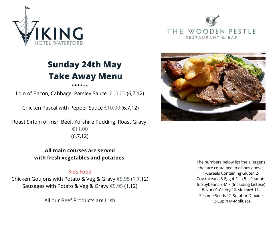 Our Sunday Lunch Take Away Menu continues this week. Collection from 12-3pm
Call us to book your time for collection. 051 336933
Please see menu below; Availability is limited.