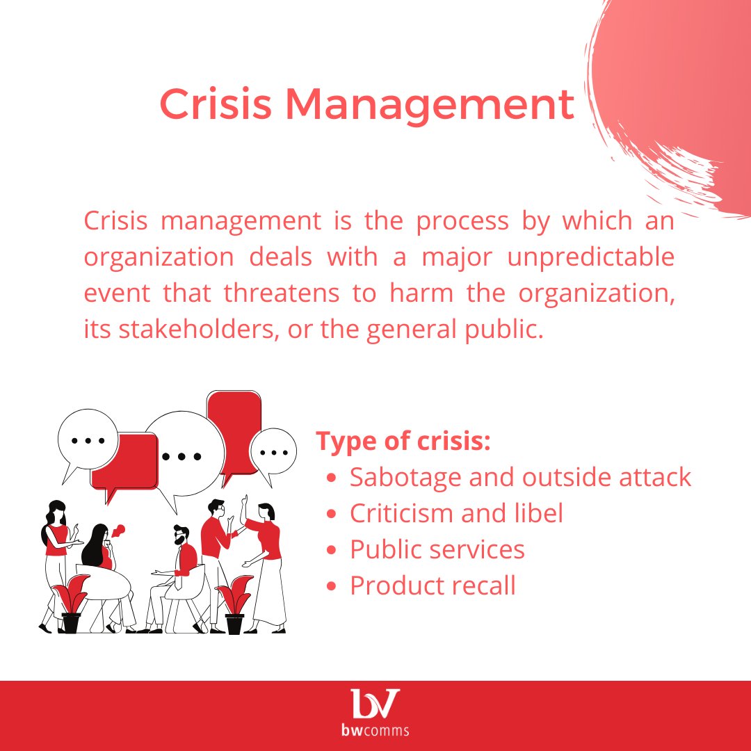 bwcomm's tweet photo. What is Crisis Management?
#bwcommunications #PRagency #PublicRelations #SiaranPers #PressReleaseDistributionService #MediaMonitoringService #PRservice #DistribusiSiaranPers #PressBriefing #PressConference #PressRelease #CrisisManagement #bwcomms #MediaRelations https://t.co/yC5u6t5DXn