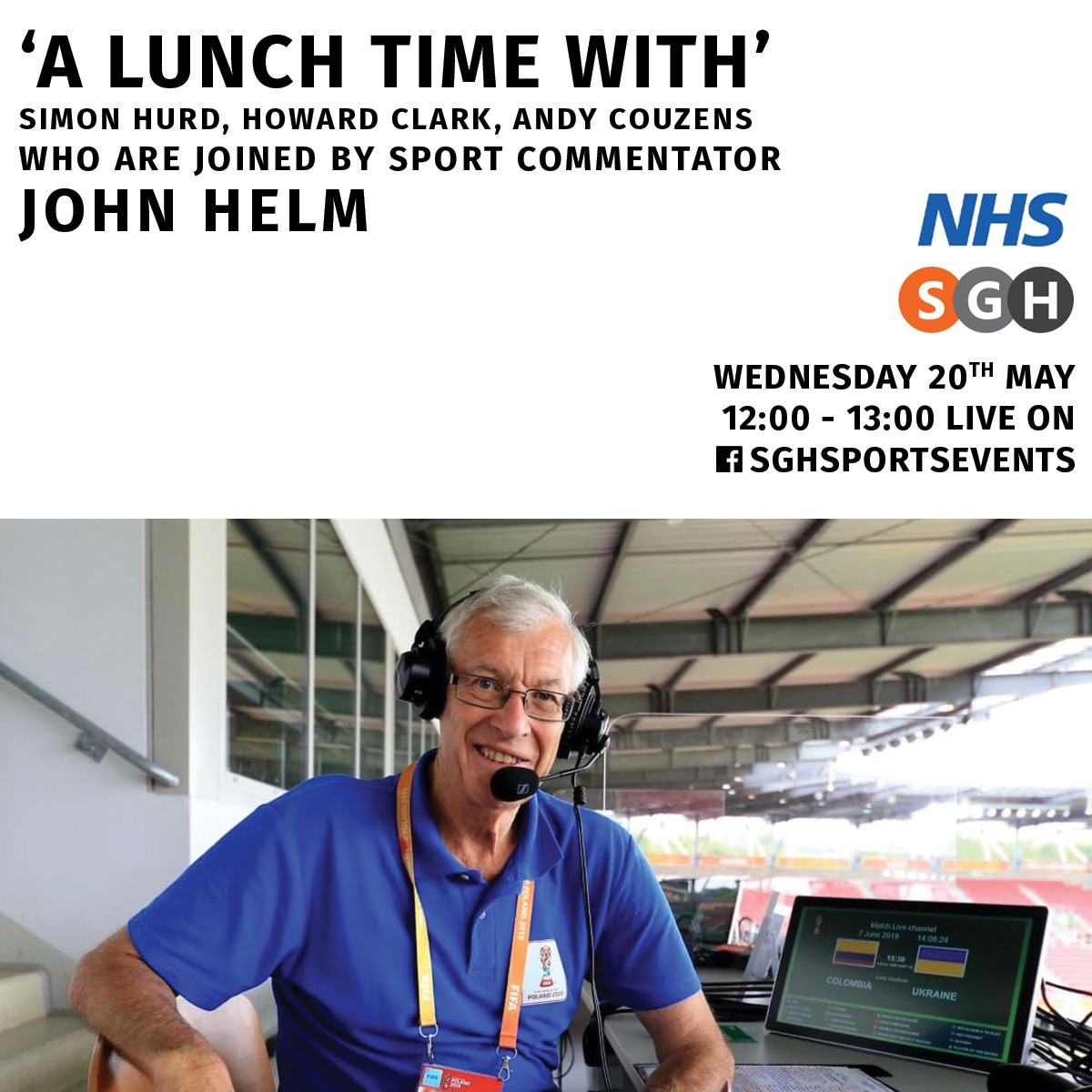 sghsportevents's tweet photo. Morning all! We hope you enjoyed yesterday's stream. 

Today we're joined by broadcaster John Helm. A Yorkshireman who has covered just about everything from the World Cup, to the Commonwealth Games, a host of cricket, golf and rugby league. Send in any Q's you may have for him! https://t.co/j54b8VzIy6